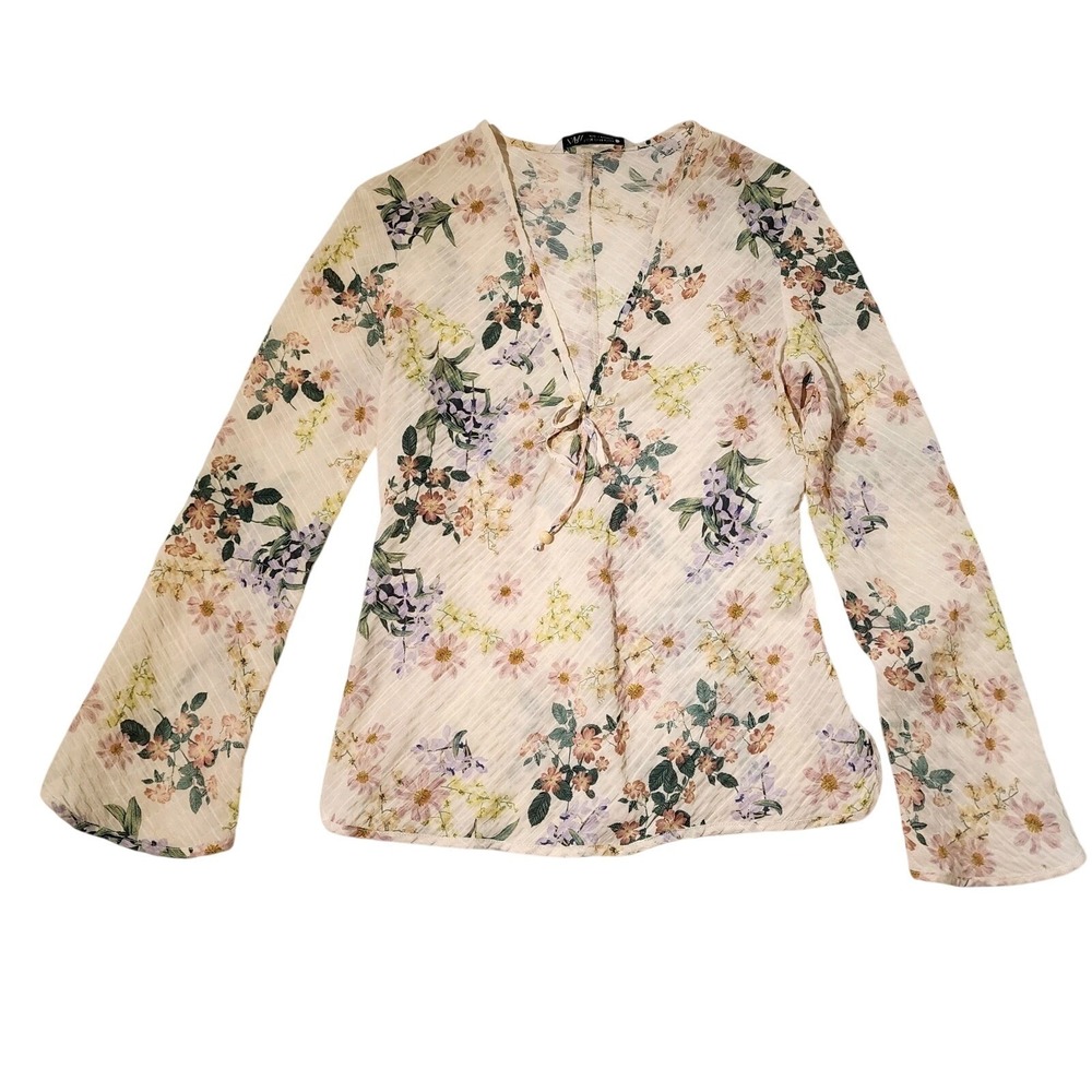 Zara Beige Floral Long Sleeve Blouse Top Size X Small - Picture 2 of 6